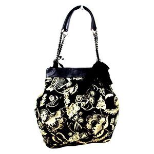 LUCKY PENNY BLACK WHITE CANVAS GENUINE LEATHER TRIM TOTE HOBO SHOULDER BAG PURSE